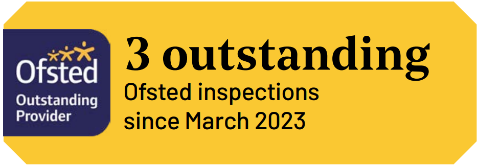 Badge highlighting Teach First's Ofsted rating: '3 outstanding Ofsted inspections since March 2023.' Includes the Ofsted Outstanding Provider logo on the left.