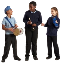 Three pupils playing with musical instruments.
